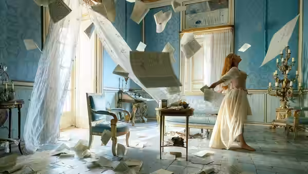 Roxanne (Haley Bennett) reaches toward papers swirling through a blue room