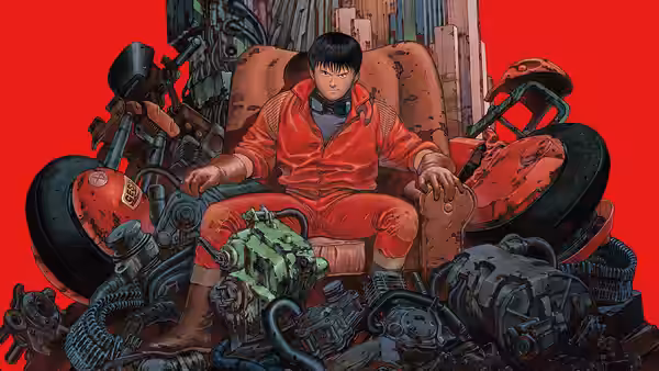 Tetsuo seated on a throne of scrap motorcycles against a red backdrop