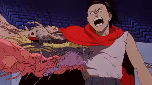 Tetsuo yelling with red scarf in a ruined empty stadium