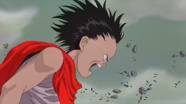 Tetsuo with spiky hair shouting while floating amid debris