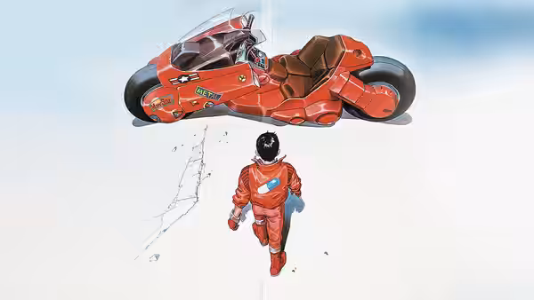 Kaneda approaching his red motorcycle on a cracked white surface