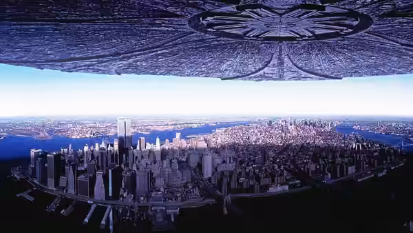 A colossal alien vessel hovering over the illuminated skyline of New York City