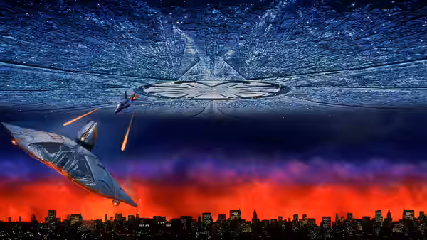 Two fighter jets engaging a large alien spacecraft above a city at night