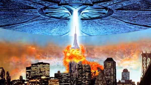 An alien mothership directing energy at the Empire State Building in New York