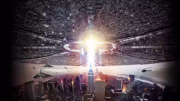 An enormous alien ship emitting a powerful beam onto a major city
