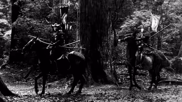 Armored samurai ride through a wooded clearing around a massive tree