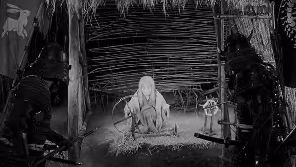 A forest spirit sits spinning at a loom as samurai watch from either side