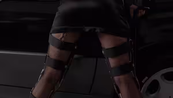 Gabrielle (Rosanna Arquette) stands by car wearing leg braces and fishnets