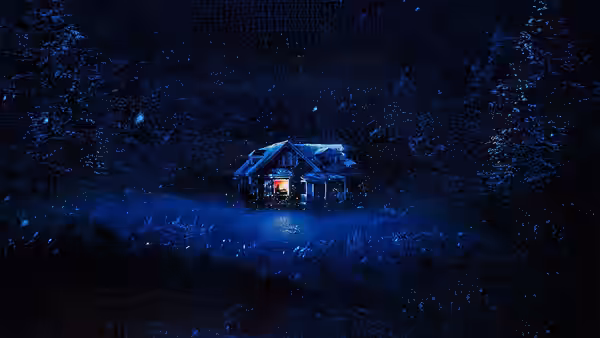 a snow-covered house in the woods at night with lights on