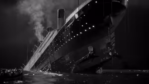 The Titanic lists into the sea as smoke rises from its funnels