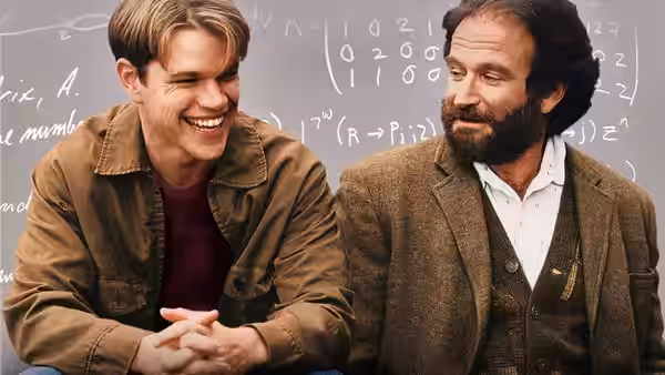 Will Hunting (Matt Damon) and Sean Maguire (Robin Williams) in front of a chalkboard