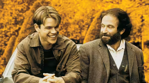 Will Hunting (Matt Damon) and Sean Maguire (Robin Williams) standing beside a car