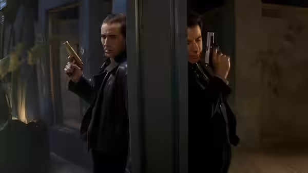 Castor Troy (Nicolas Cage) and Sean Archer (John Travolta) aiming pistols from behind a wall