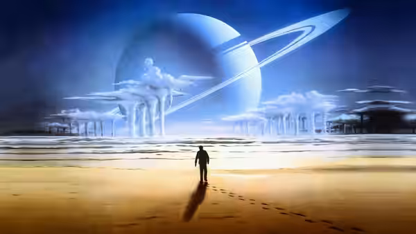 A lone man stands on a beach beneath an enormous ringed planet in the sky