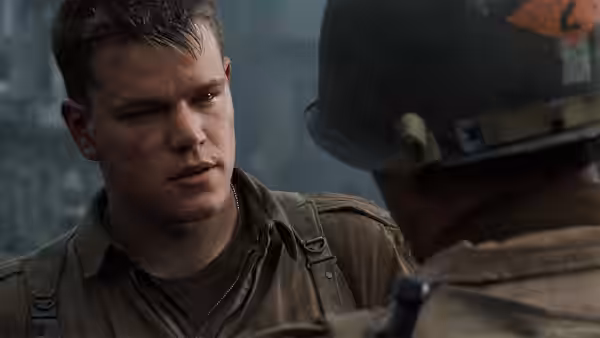 Private Ryan (Matt Damon) talking to another soldier