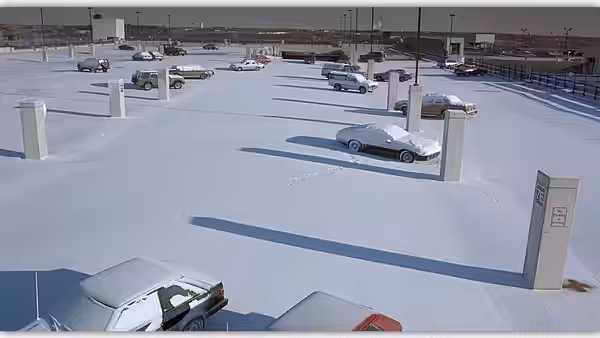 Snow-covered cars parked in a large empty lot on a sunny day