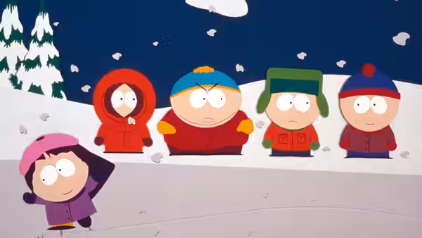 Four boys in winter coats standing with a girl on snowy ground