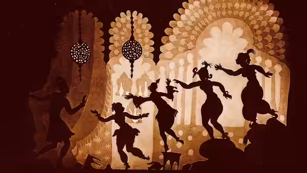Silhouetted dancers move before ornate palace arches and hanging lanterns