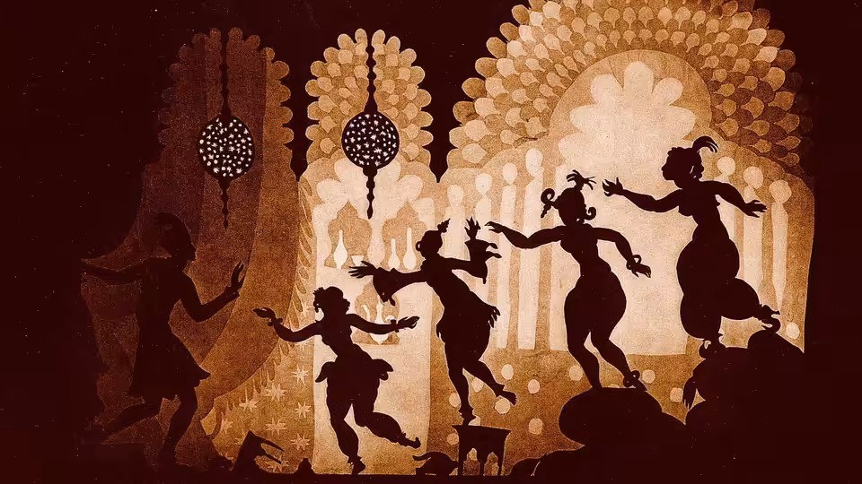 Silhouetted dancers move before ornate palace arches and hanging lanterns