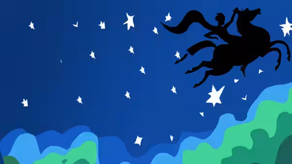 A rider on a flying horse crosses a starry sky above rolling hills