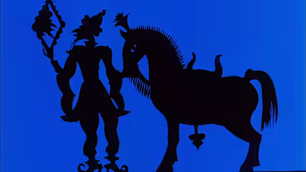 A silhouetted figure stands beside a horse against a blue background