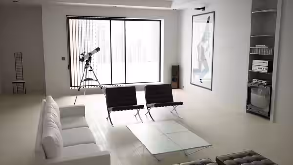 Minimalist apartment living room with white sofa glass table and telescope