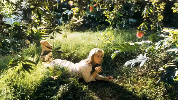 Susan Orlean (Meryl Streep) lying among plants in a sunlit garden