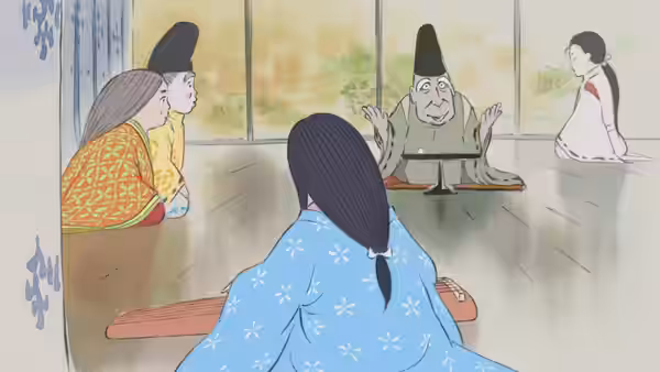 elderly man in green robe gesturing while seated before three women indoors