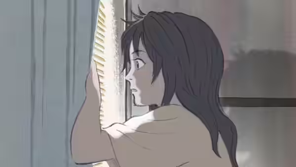 young woman with dark hair looking out through a slatted window