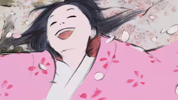 woman in pink kimono laughing amid falling cherry blossom petals