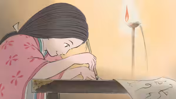 young woman in pink kimono writing by candlelight at a low table