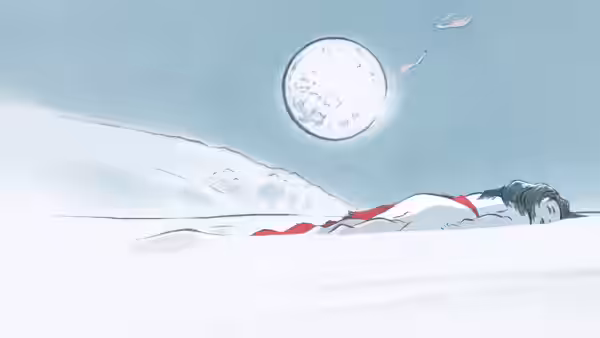 figure lying in snow under a full moon with red sash visible