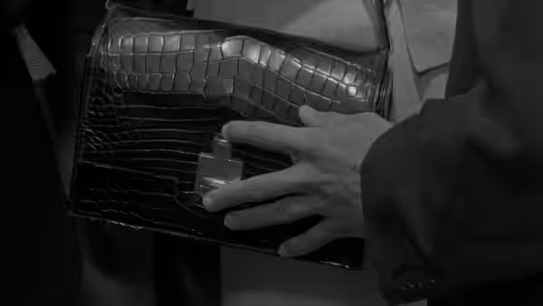 A hand slips a wallet from an open handbag