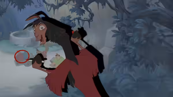 Yzma examines the ground through a magnifying glass in misty woods