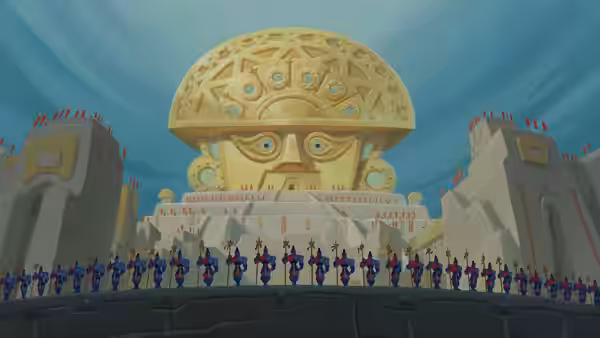 Rows of guards stand before a massive golden temple facade