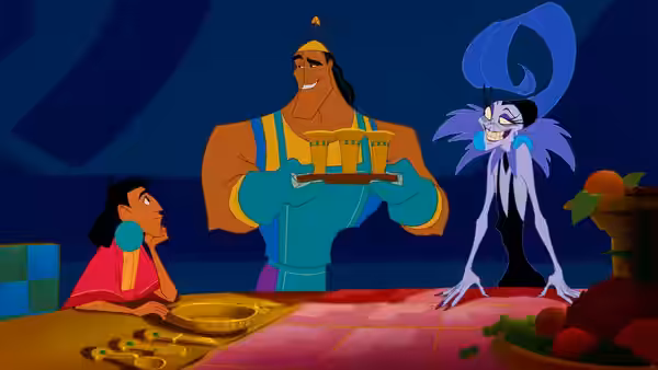 Kronk holds a tray of goblets beside Yzma and a seated girl