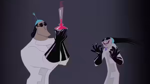 A lab-coated man holds up a pink flask near excited Yzma