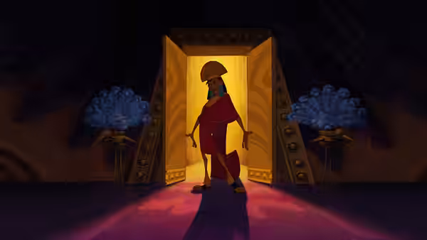 A robed figure stands in a brightly lit golden doorway