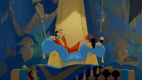 Kuzco lounges on a blue throne inside an ornate golden chamber
