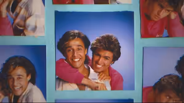 George Michael and Andrew Ridgeley embrace in a portrait surrounded by smaller photographs