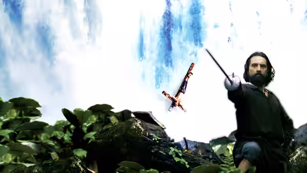 A bearded man points at a falling crucifix before a towering waterfall