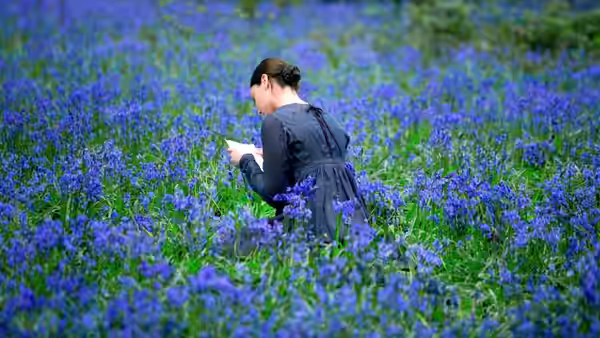 Fanny Brawne (Abbie Cornish) reads among a field of bluebells