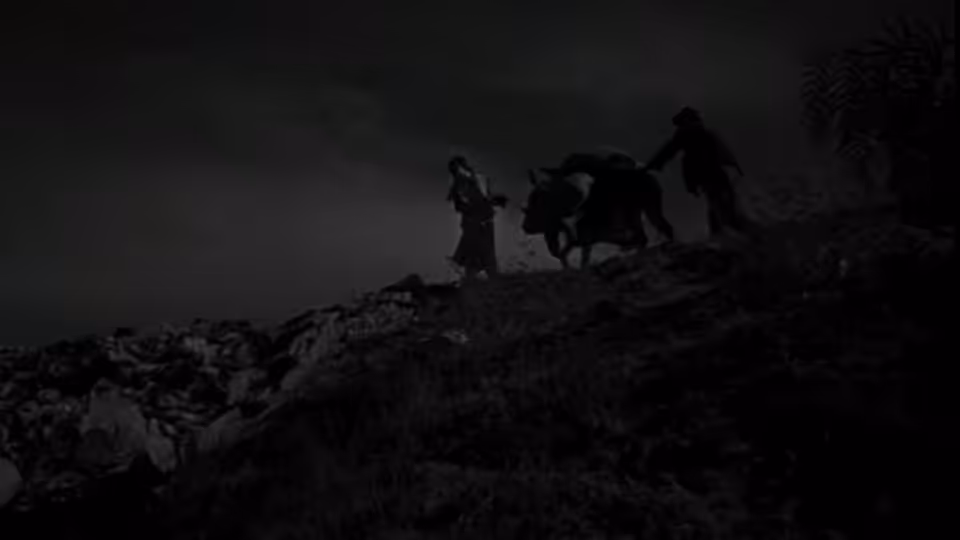 Two figures guiding a donkey over a rocky hillside at night