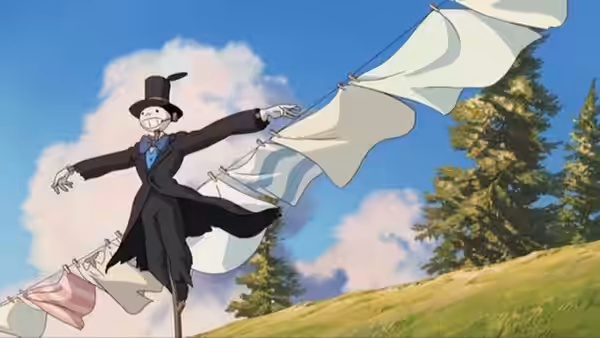 Turnip Head (Yo Oizumi) stretched across a clothesline in an open field