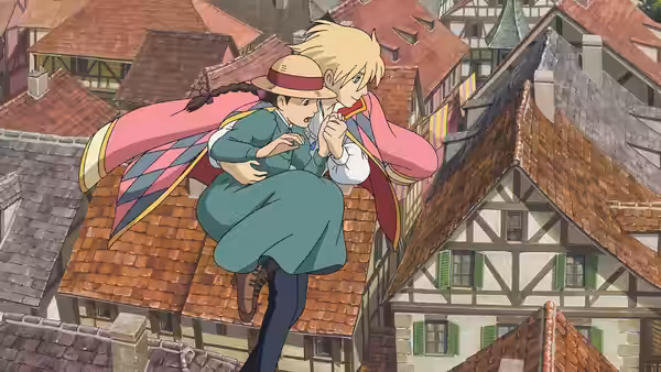 Sophie (Chieko Baishō) and Howl (Takuya Kimura) flying over red-roofed town houses