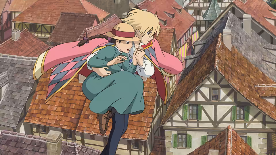 Sophie (Chieko Baishō) and Howl (Takuya Kimura) flying over red-roofed town houses