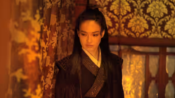 Nie Yinniang (Shu Qi) looking down in traditional dark attire