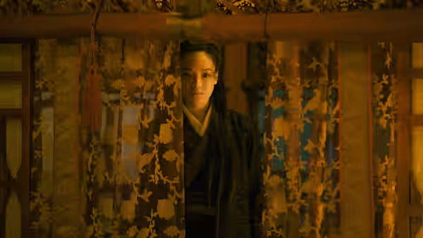 Nie Yinniang (Shu Qi) partially hidden behind decorative curtains