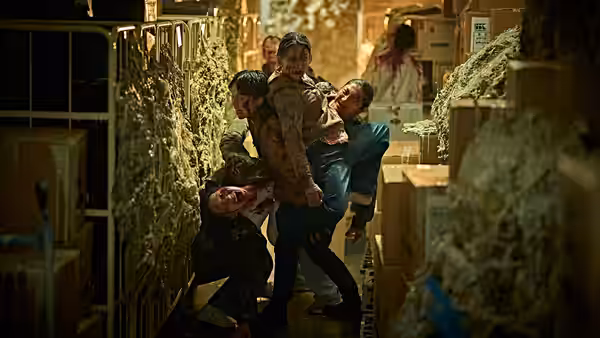 group of people struggling among stacked boxes in a warehouse