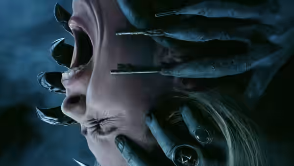 Close-up of a woman's face with dark clawed hands pressing keys into her skin